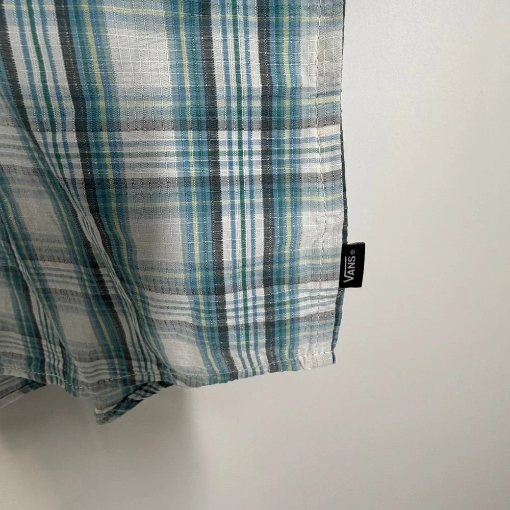 Vans Tripton Mens Teal Blue Plaid Short Sleeve Button Down Shirt Men Size Medium
